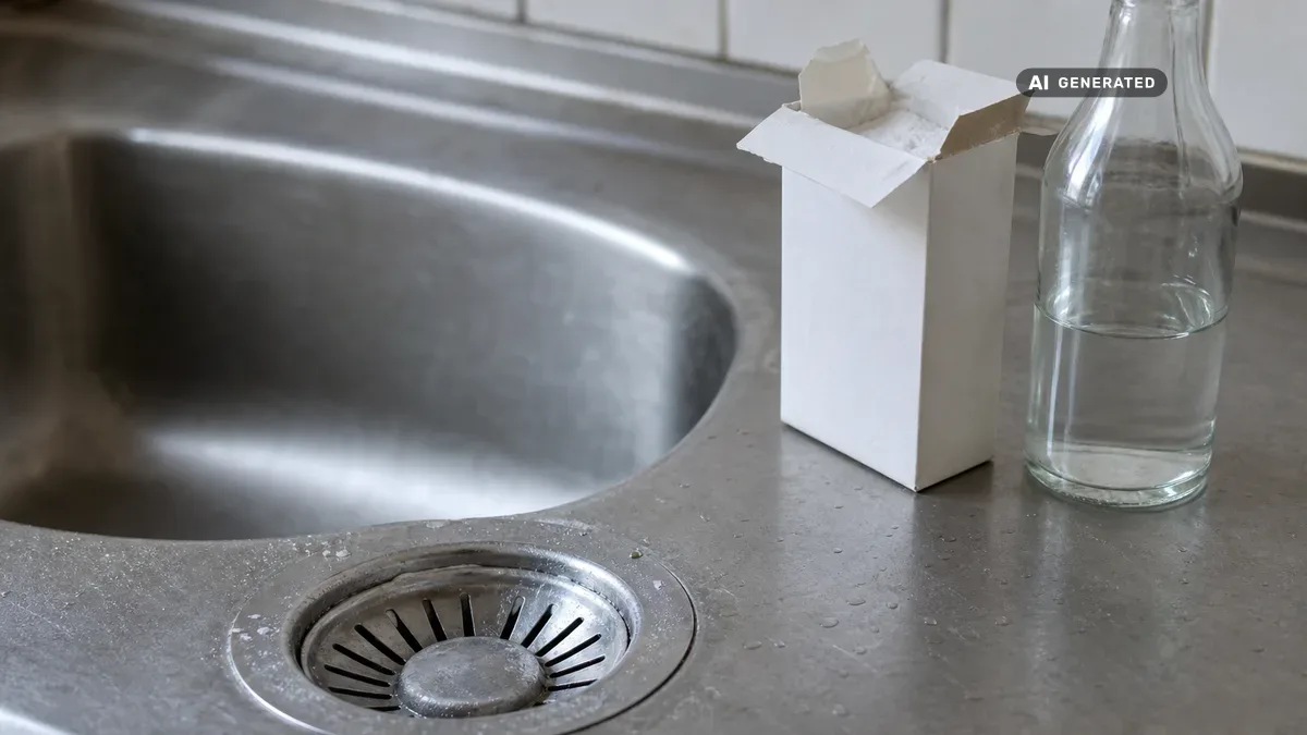 KI-generiertes Bild: Natron und eine Flasche Essig neben einem Küchenabfluss, bereit für die schonende Reinigung mit Hausmitteln