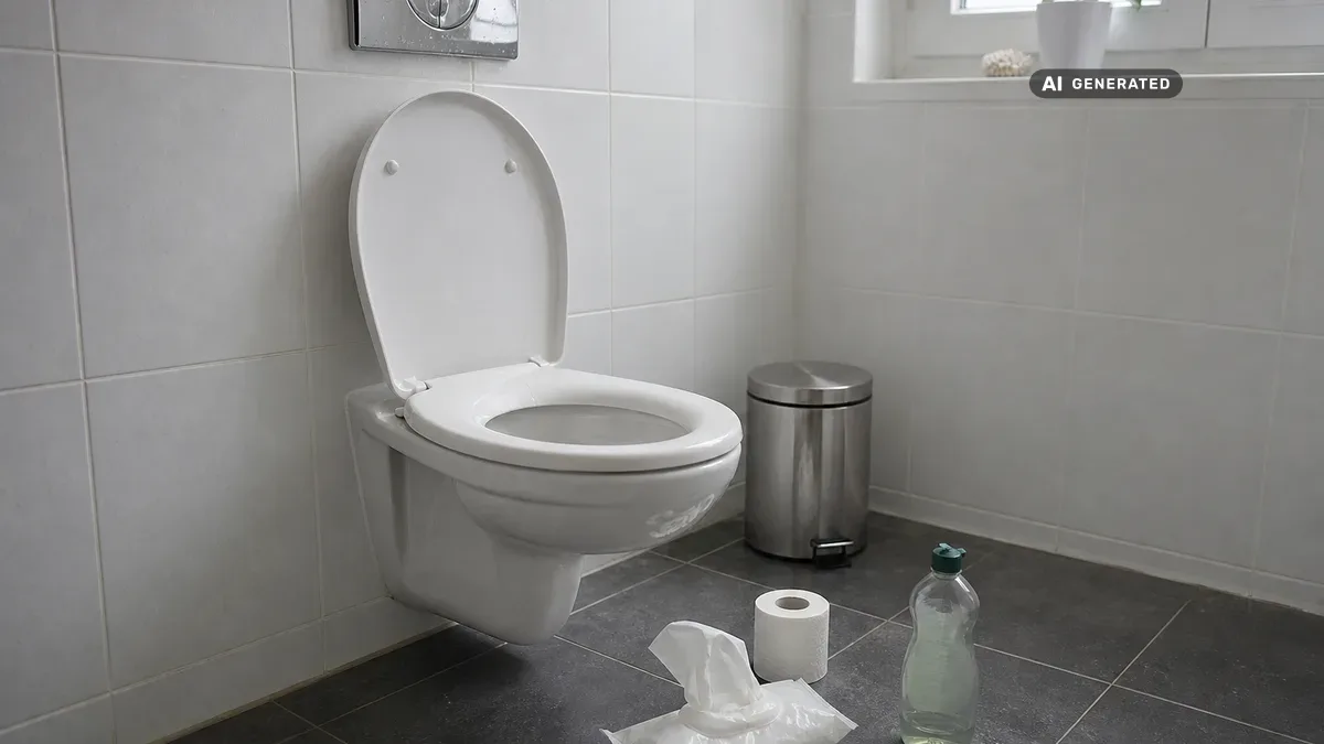 KI-generiertes Bild: Freundliches, helles Bad mit WC, auf dem Boden daneben Toilettenpapier, eine Feuchttücherpackung und Spülmittel, ein Klempner deutet auf den Abfalleimer neben der Toilette